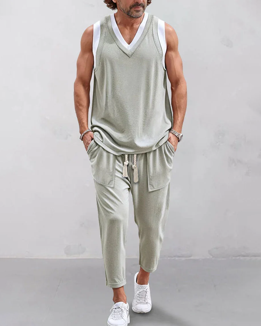 Men's daily casual V-neck vest with trousers Set 003