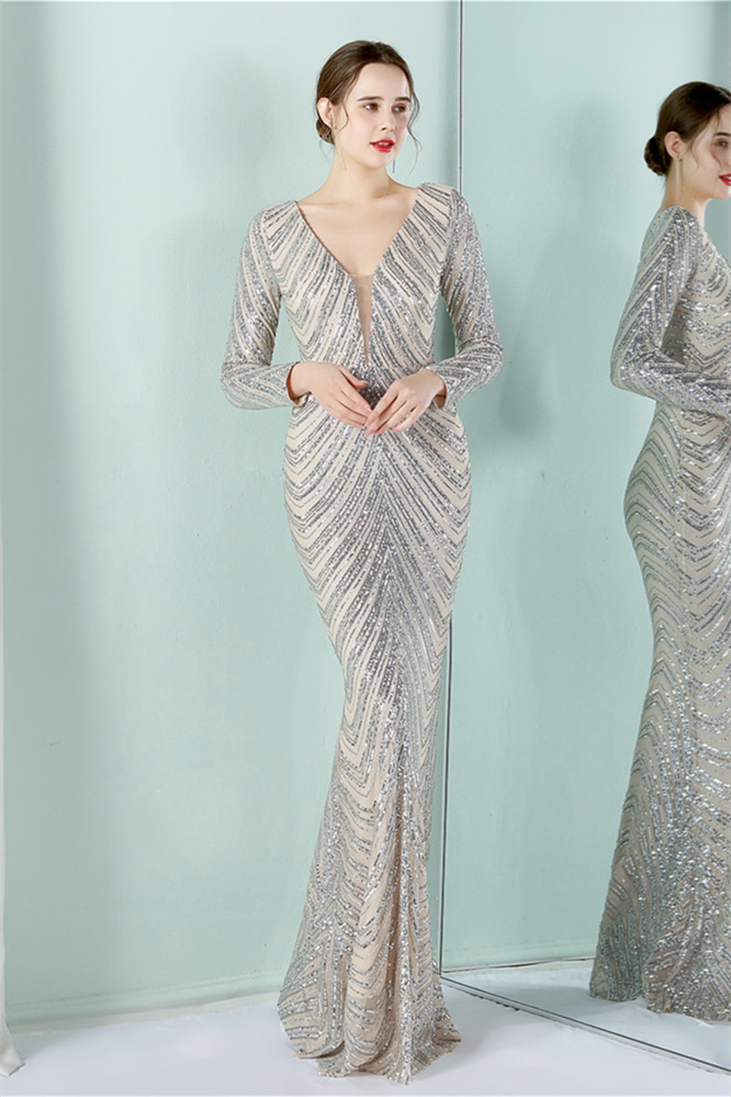 Luluslly Long Sleeves V-Neck Mermaid Evening Dress Sequins YE0058