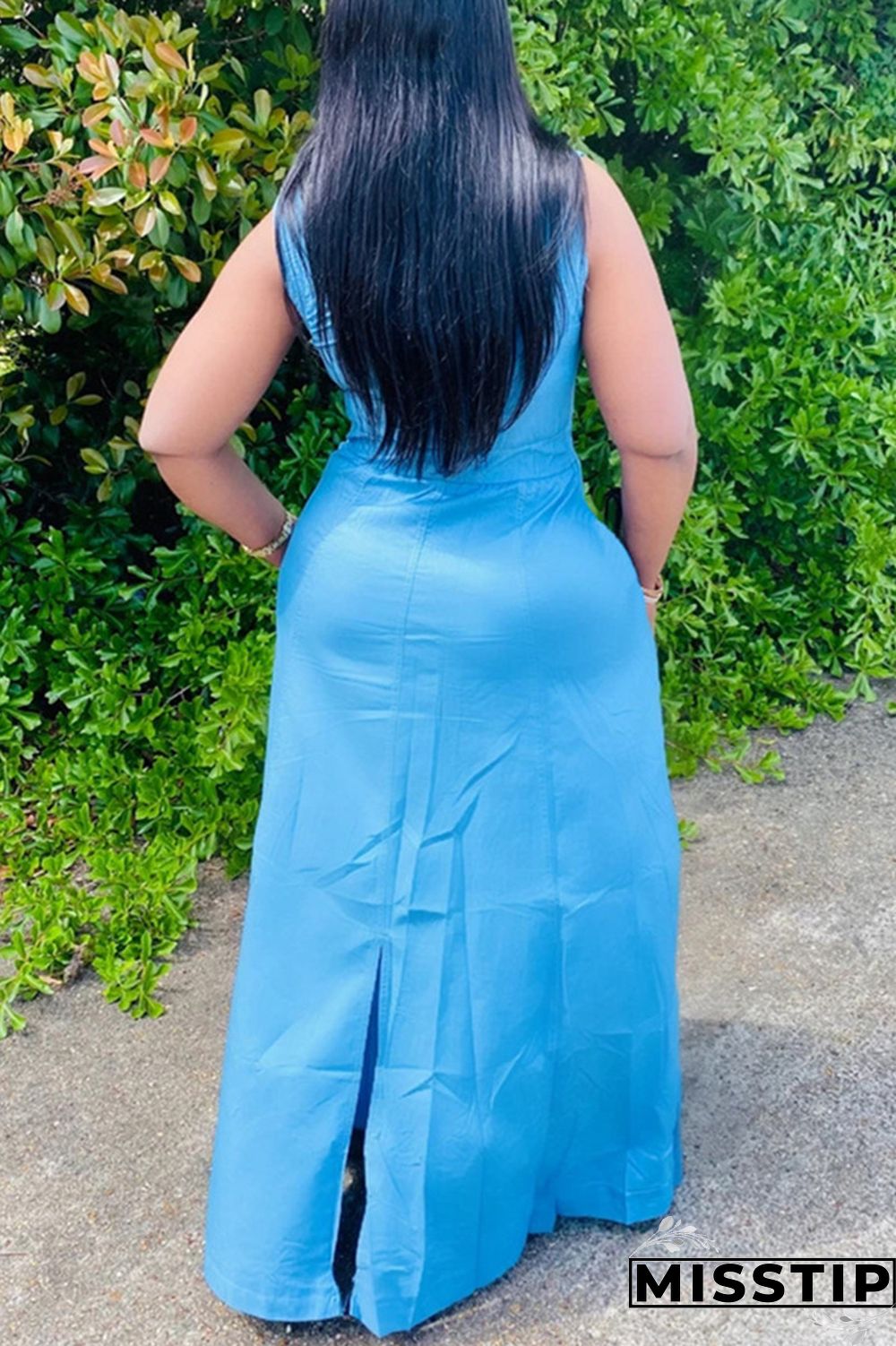 Light Blue Fashion Casual Sleeveless Shirt Dress