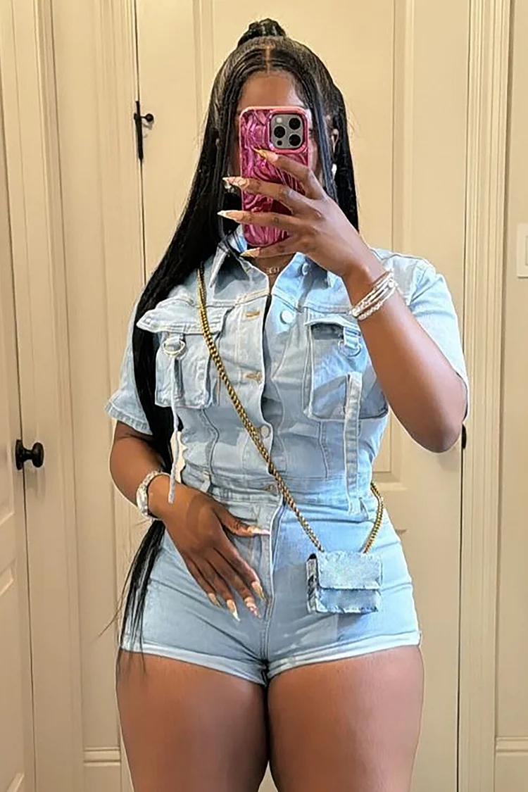 Turndown Collar Short Sleeve Button Up Pockets Denim Playsuit Romper-Blue