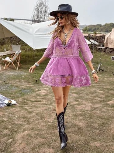 B2prity Women's Contrast Lace Bathing Suit Cover Up V-Neck Swimsuit Coverups Loose Swimwear Beach Dress Beachwear