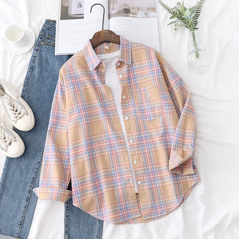 2021 New Fashion Loose Womens Plaid Shirt Fresh College Style Design Blouses And Tops Long Sleeve Casual Female Checked Clothes