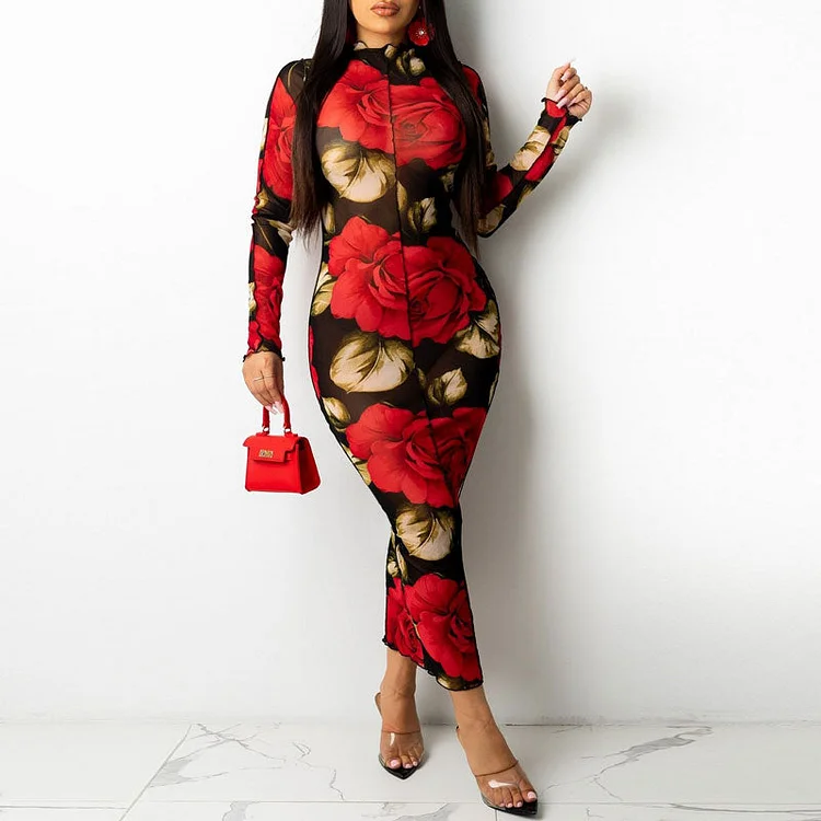 Floral Print Long Sleeve Sheer Mesh Midi Dress - IRBOOM Fashion Clothing
