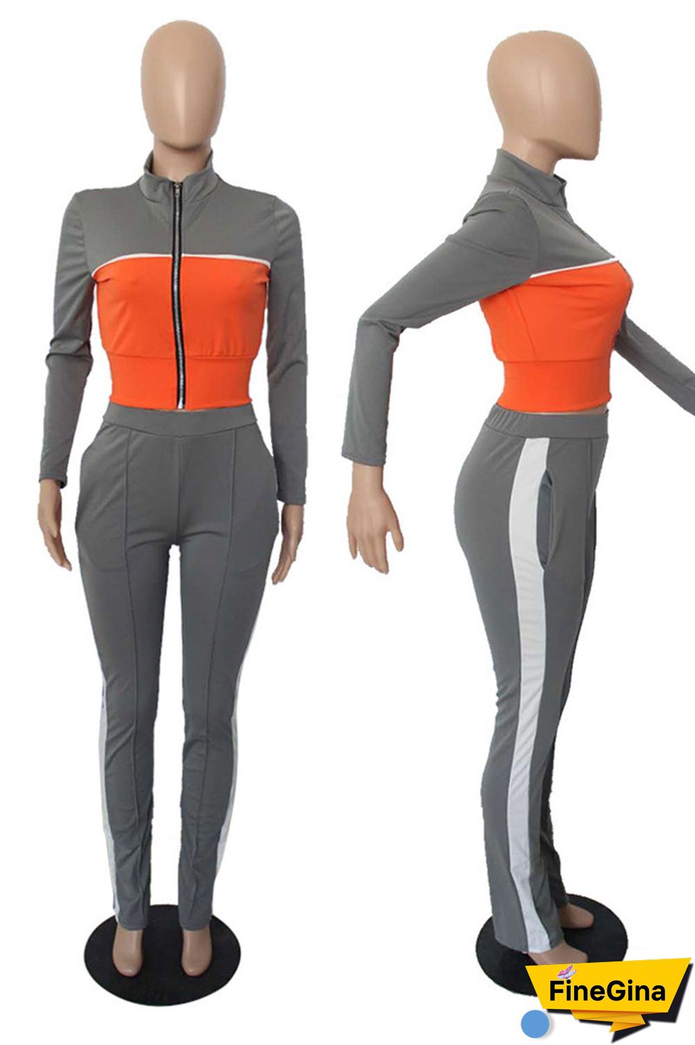 Grey Casual Sportswear Solid Patchwork Zipper Long Sleeve Two Pieces