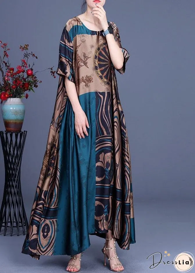 French Yellow Print Silk O-Neck Summer Long Dress