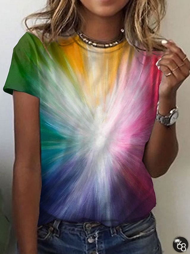 Women's T shirt Tee Yellow Red Blue Color Block Print Short Sleeve Daily Weekend Basic Round Neck Regular Abstract 3D Printed Geometric S | 168DEAL