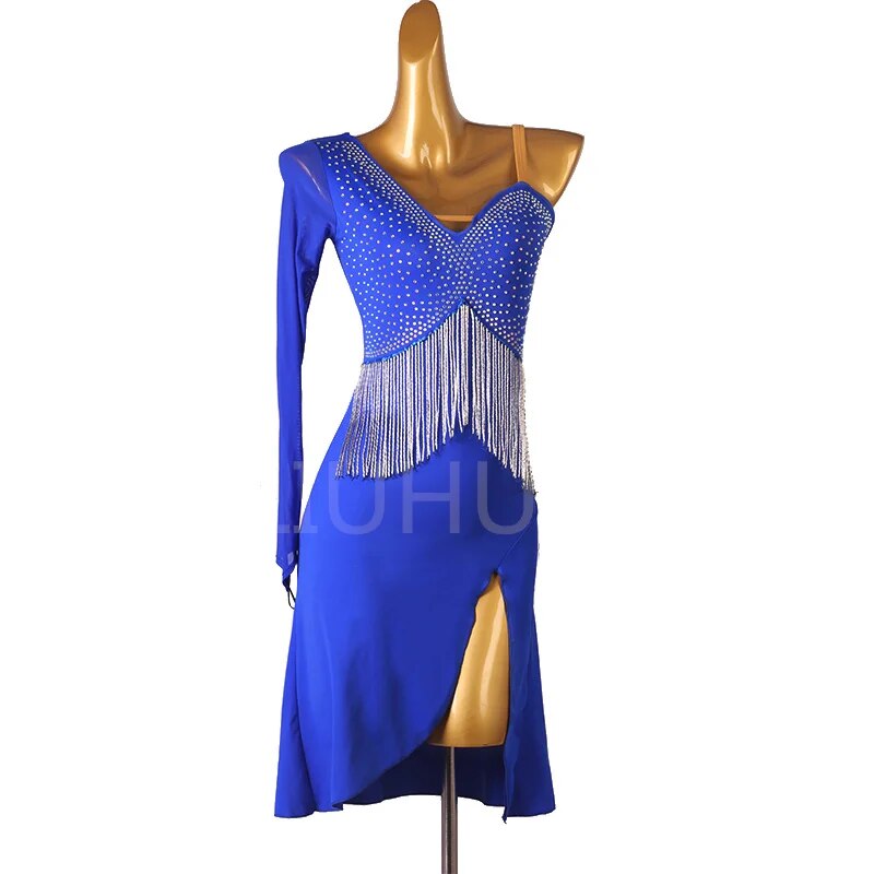 Lady’s Latin Blue Dress Tango Rumba Cha Cha Belly Dance Sequin Party Fishtail Fringe Dress White Fringe