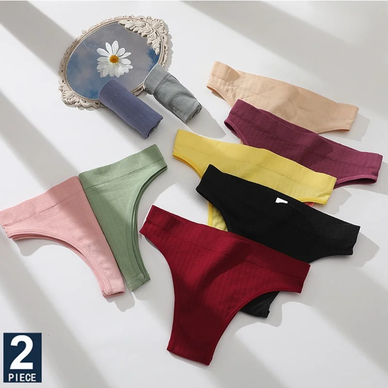 FINETOO 2PCS/Set M-XL Women Seamless Pantys 9 Solid Colors Sexy Brazilian Panties  Midi-Waist Underpants For Girls Fashion Thong