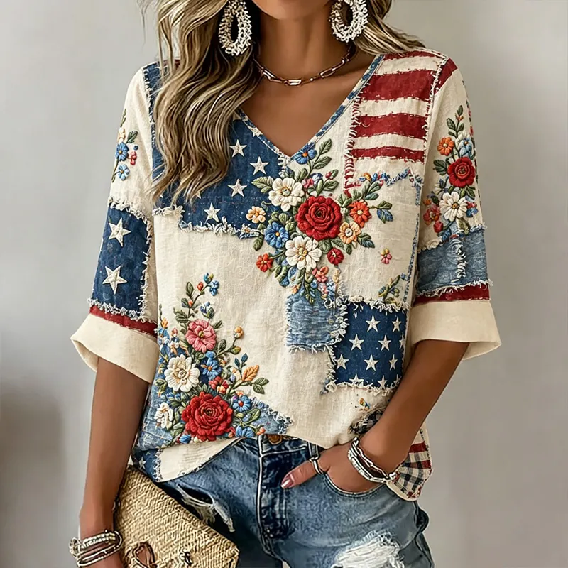  Women's Vintage Independence Day Flag Flower Art Print V-neck T-shirt Westsshops