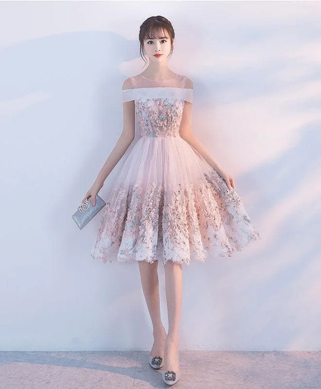 Pink Lace Tulle Short Prom Dress, Pink Homecoming Dress SP14893