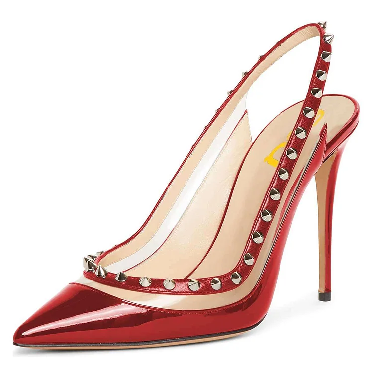 Red Clear PVC Rivets Stiletto Heel Slingback Pumps |FSJ Shoes