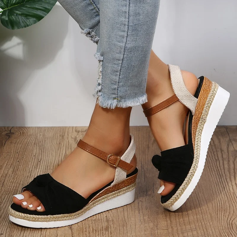 Breakj Wedge Sandals for Women Summer Peep Toe Non Slip Gladiator Shoes Woman Fashion Bowtie Platform Sandalias Mujer 2023