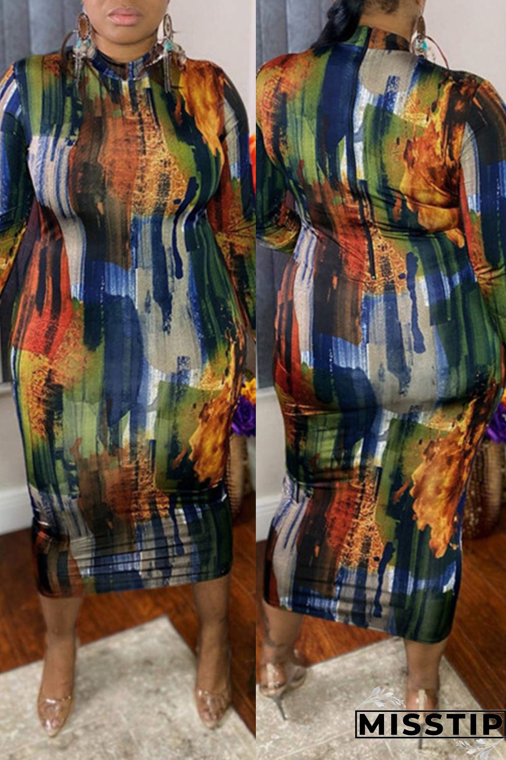 Multicolor Fashion Casual Print Basic O Neck Long Sleeve Plus Size Dresses