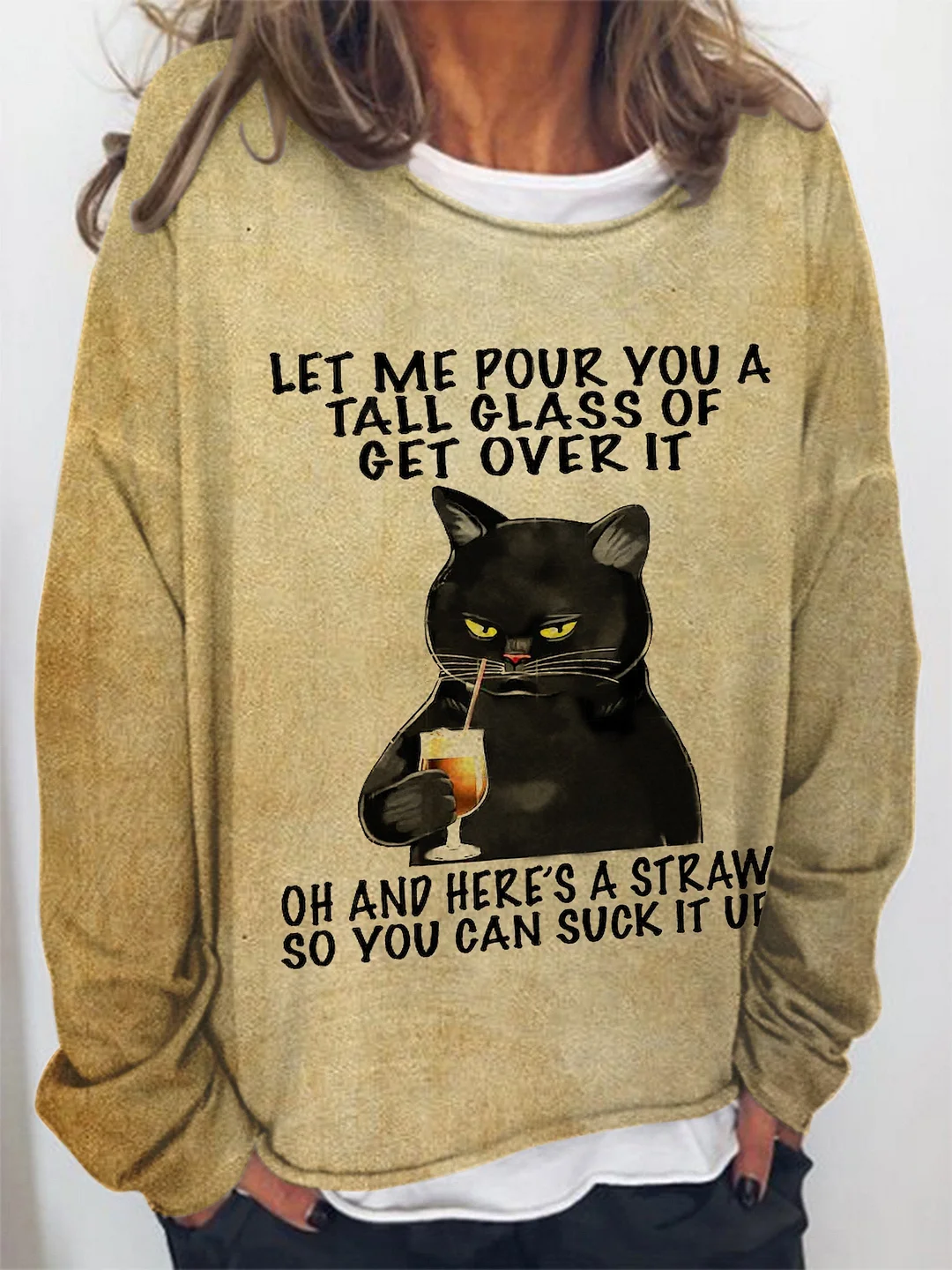 Women Let Me Pour You A Tall Glass Of Get Over It Black Cat Long Sleeve Top