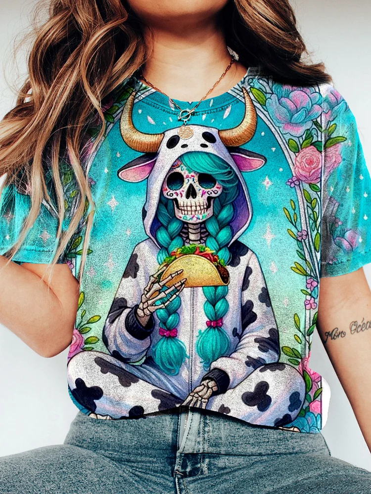 Women's Skull Eats Taco Art Print Casual T-Shirt