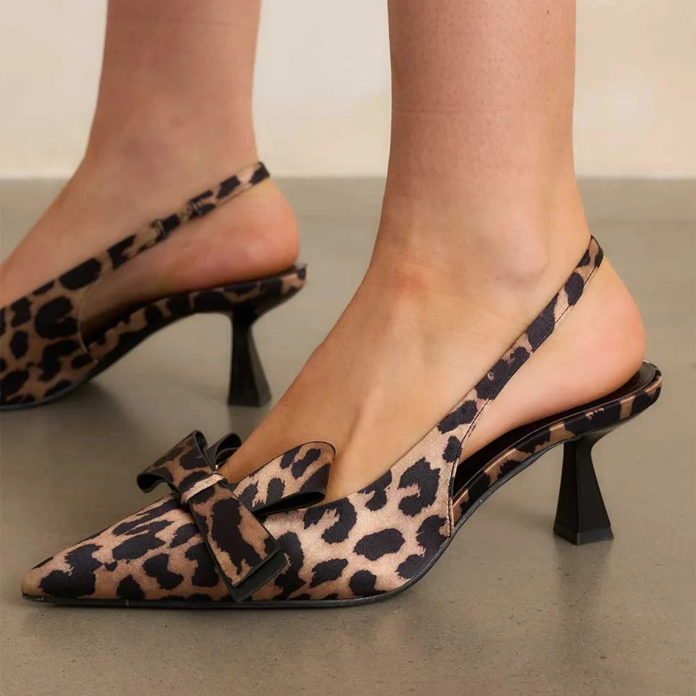 Brown Leopard Print Pointed Toe Bow Slingback Shoes with Flared Heel