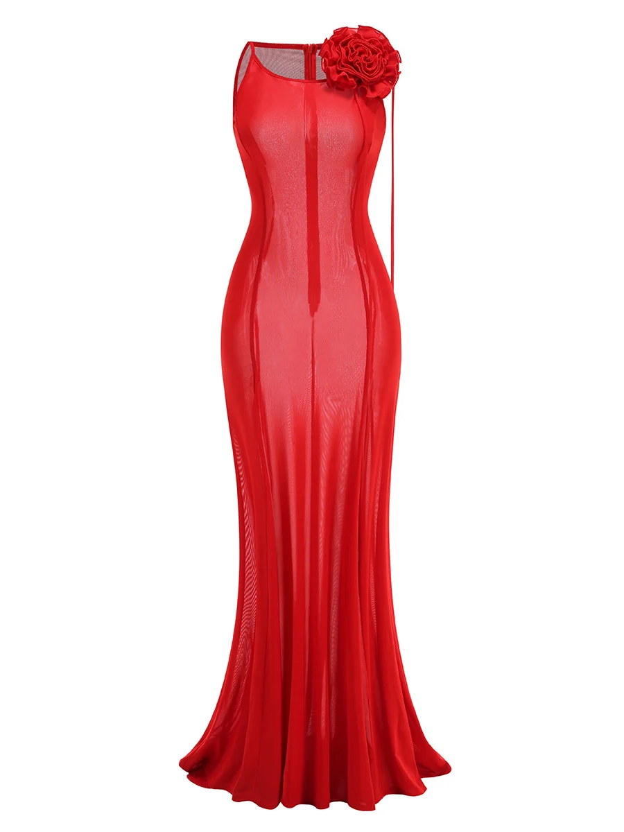 Brownm Explosion Women's Clothing 2025 Spring And Summer New Sexy Tight Dress Mesh Three-Dimensional Flower Dress Dress