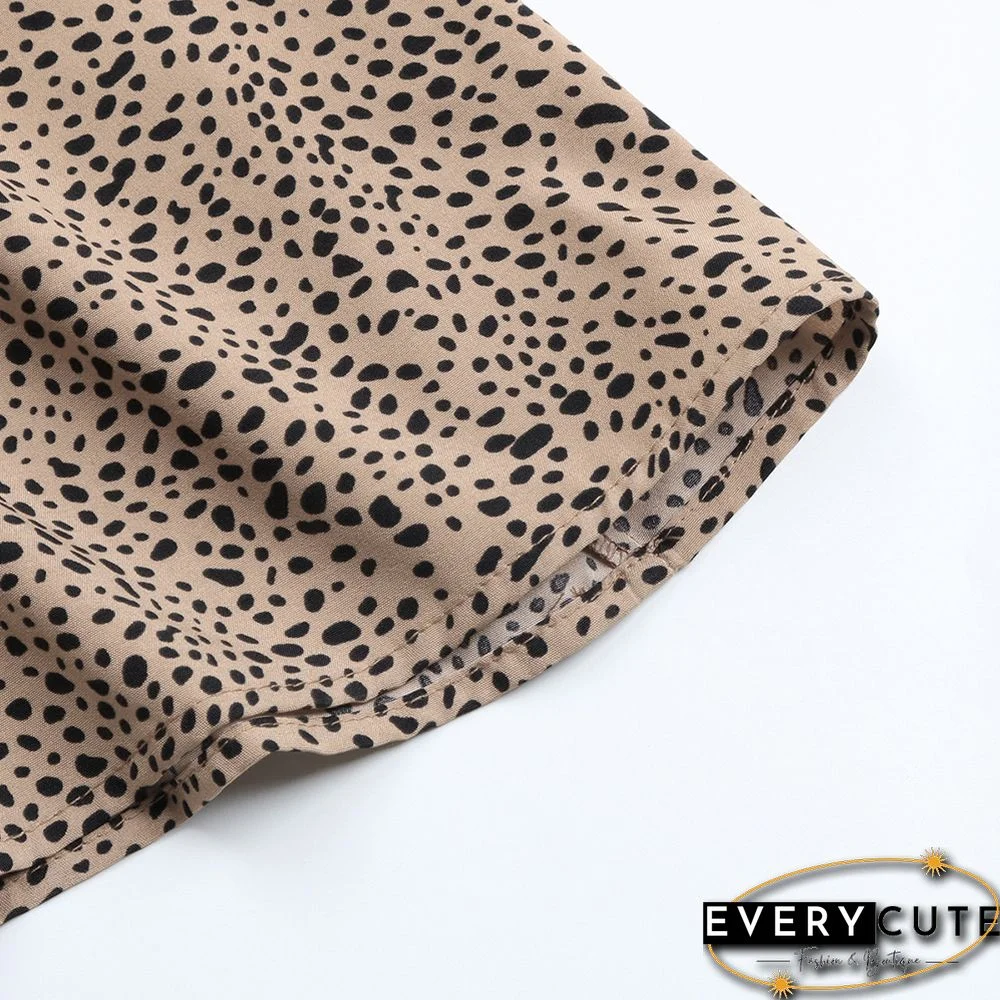 Khaki Leopard Ruffle Detail Long Sleeve Maxi Dress