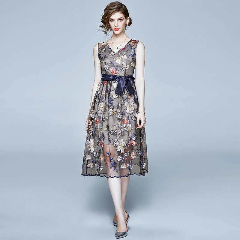 Women's sleeveless flower elegant temperament mesh embroidered belt dress