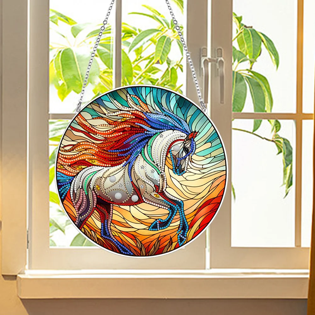 DIY Horse Stained Glass Acrylic Diamond Painting Hanging Pendant for Home Wall Decor