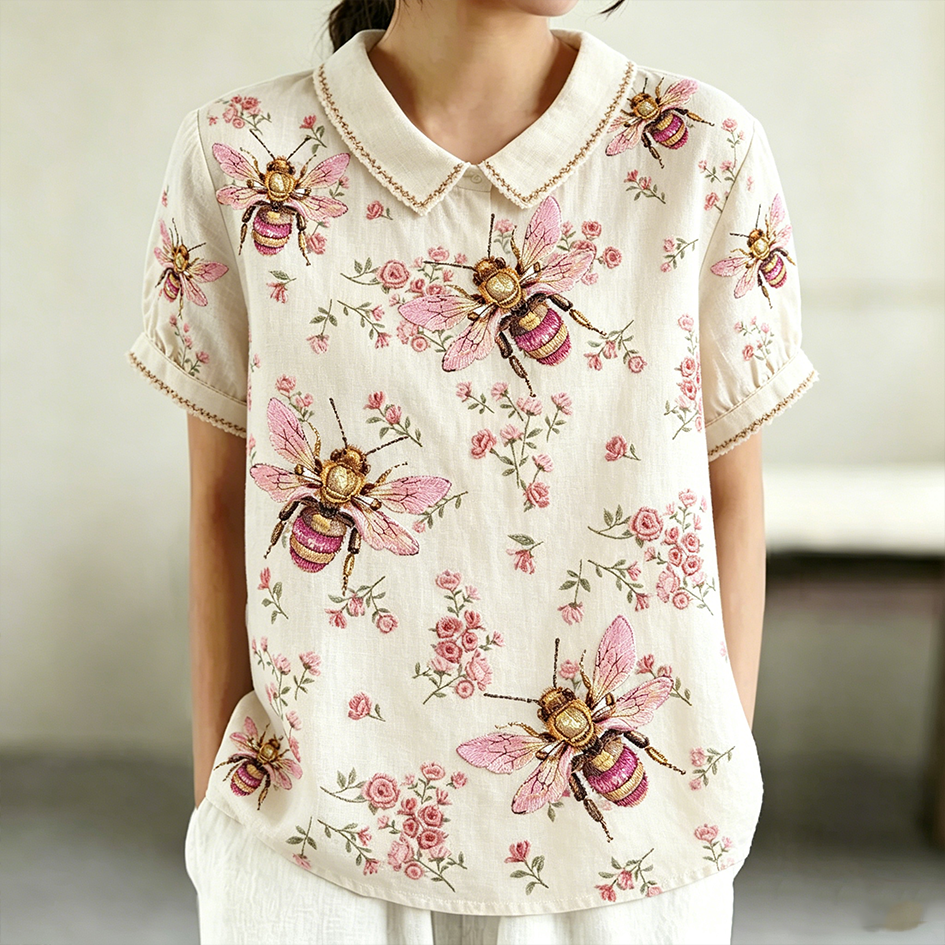 Comstylish Bee And Flower Embroidery Pattern Design Women's Casual Linen Top