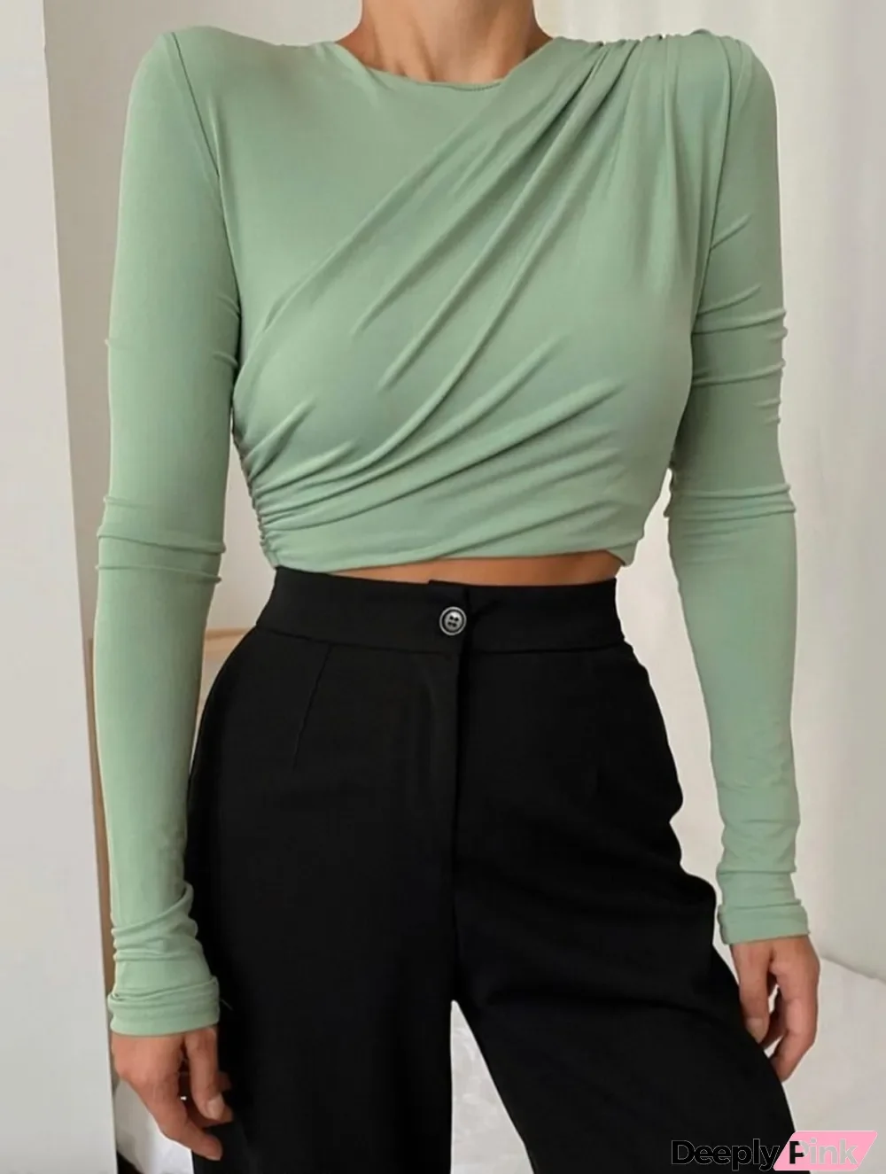 Spring Fashion Green Round Neck Shoulder Pad Long Sleeve Ruffles Top