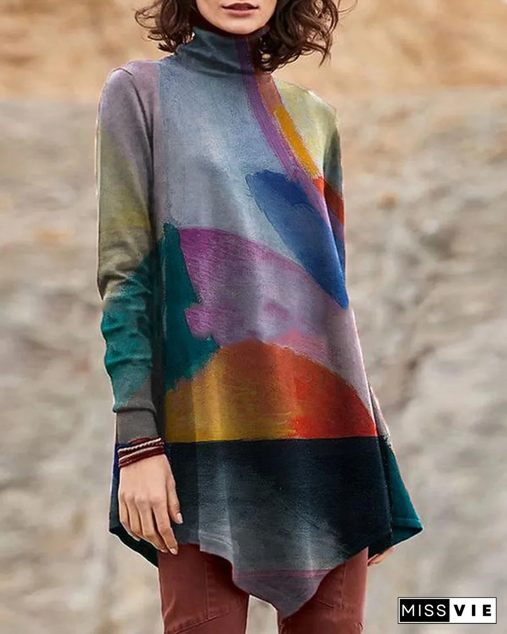 Vintage High Neck Oil Painting Print Irregular Long T-shirt for Women