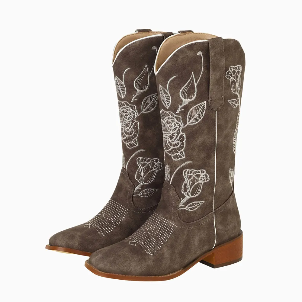 Taupe Block Heel Square Toe Mid Calf Floral Embroidered Cowgirl Boots