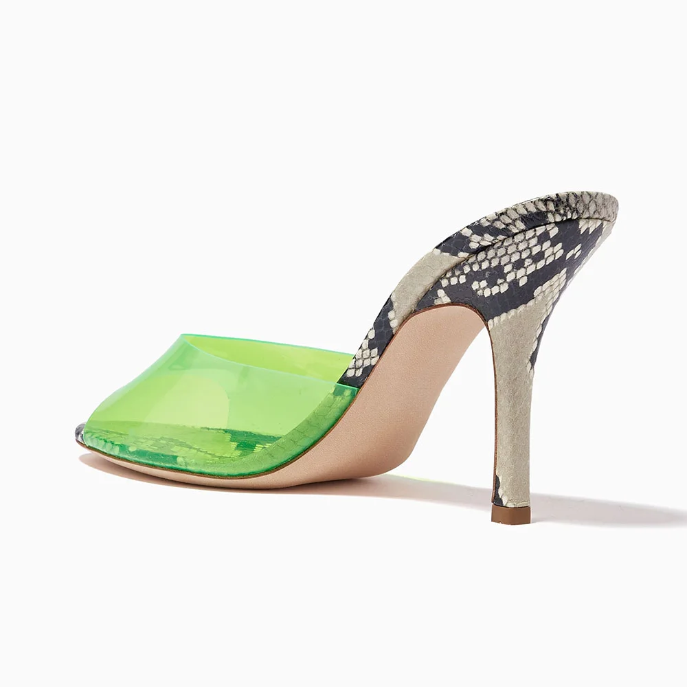 Neon Green PVC Peep Toe Stiletto High Heel Mules Shoes for Women