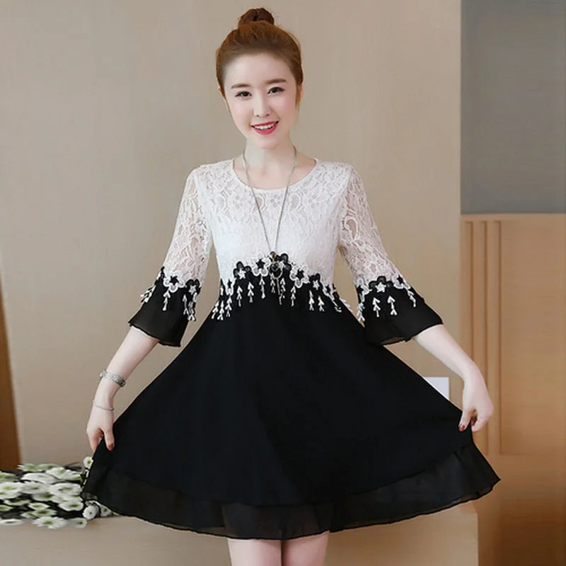 2022 Lace Office Lady A-Line Patchwork White Dress Pleasure Dress Three Quarter Tassel Dress Women Elegant Dress Vestidos 2777