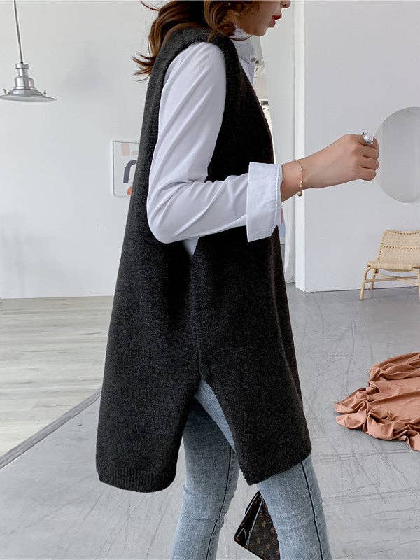 Trendy Sleeveless Split-Side Solid Color V-Neck Knitted Vest | IFYHOME