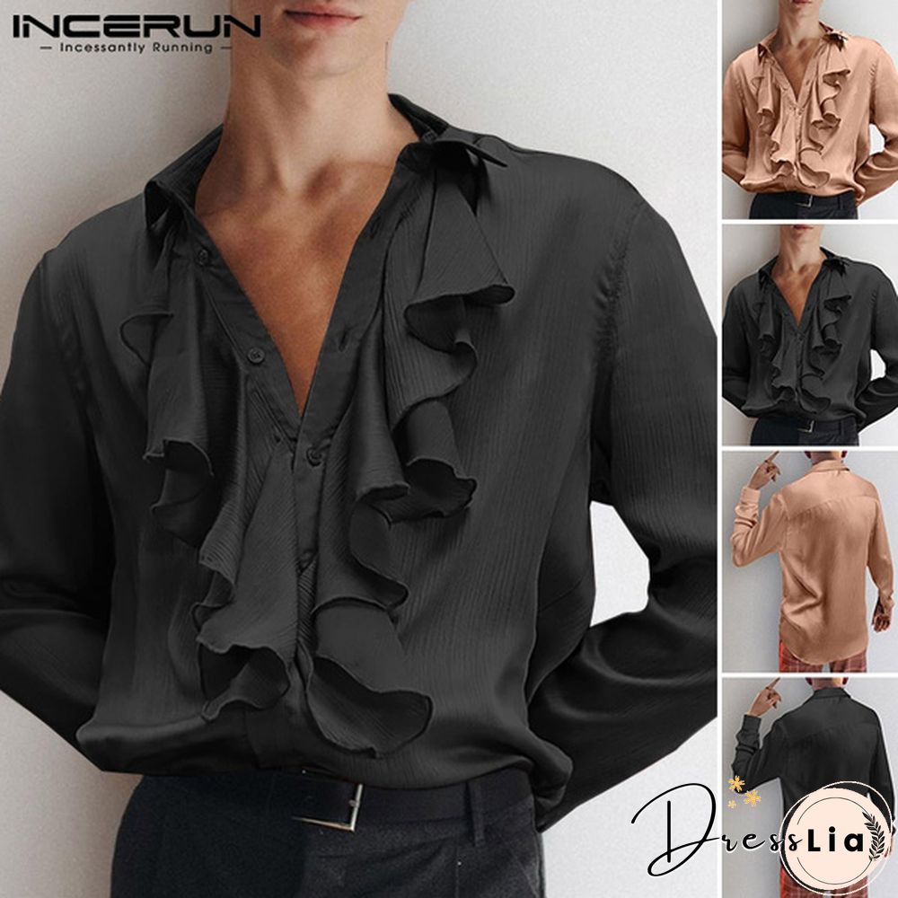 Fashion Men Long Sleeve Silky Shirts Bow Flounce Dance Loose Blouse Tee Tops