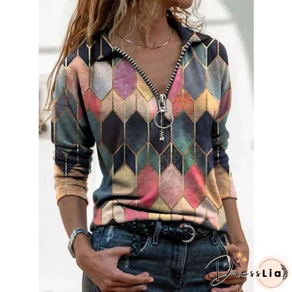 Women's Fashion Printed V-neck Long Sleeve Shirts Casual Zipper Turn-down Collar Cotton Tunic Tops Ladies Daily Spring Autumn Plus Size Blouses Loose Pullover T-shirts