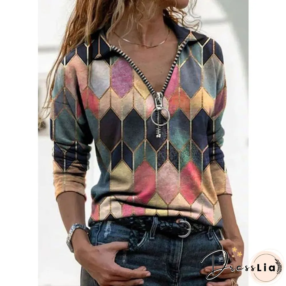 Women's Fashion Printed V-neck Long Sleeve Shirts Casual Zipper Turn-down Collar Cotton Tunic Tops Ladies Daily Spring Autumn Plus Size Blouses Loose Pullover T-shirts