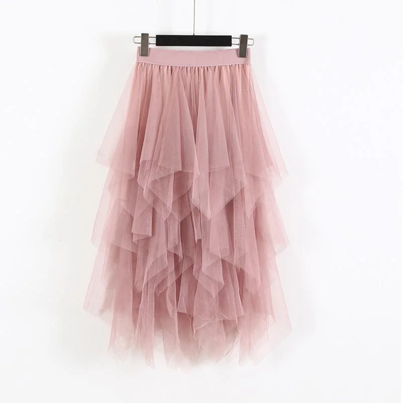 FTLZZ Tulle Skirts Women High Waist Mesh Skirt Hem Asymmetrical Pleated Midi Skirt Female Black Pink Summer Mid-calf Skirts