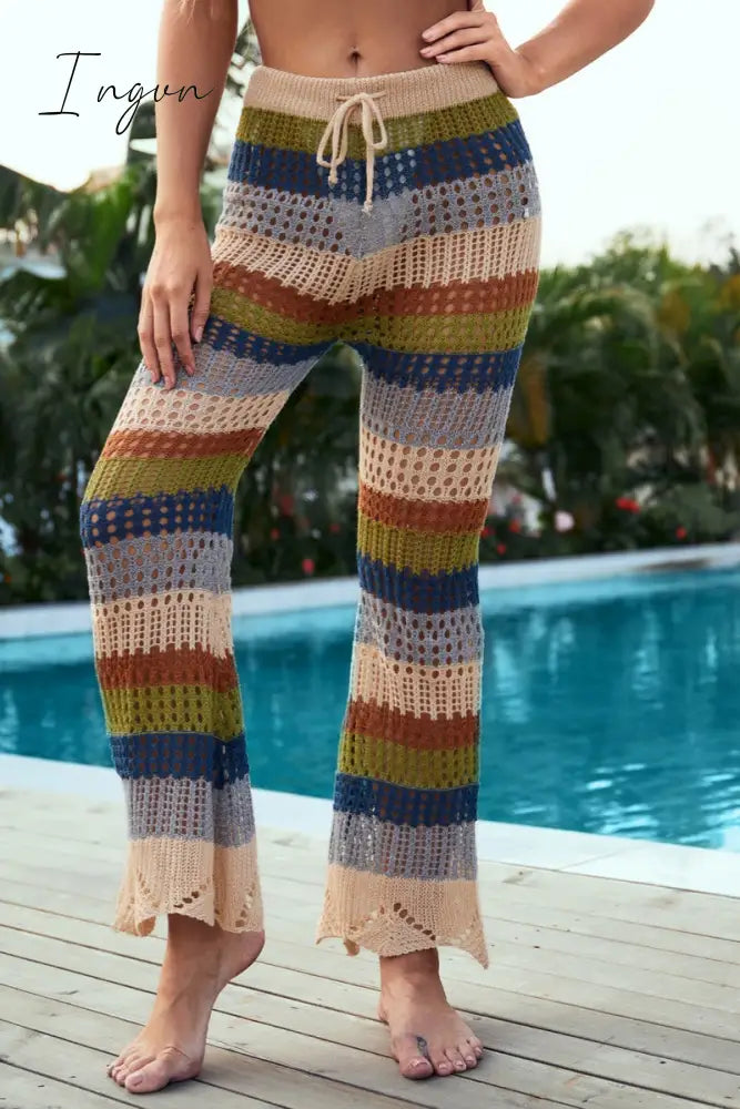 Ingvn - Casual Patchwork Hollowed Out Contrast Regular High Waist Trousers Multicolor / S