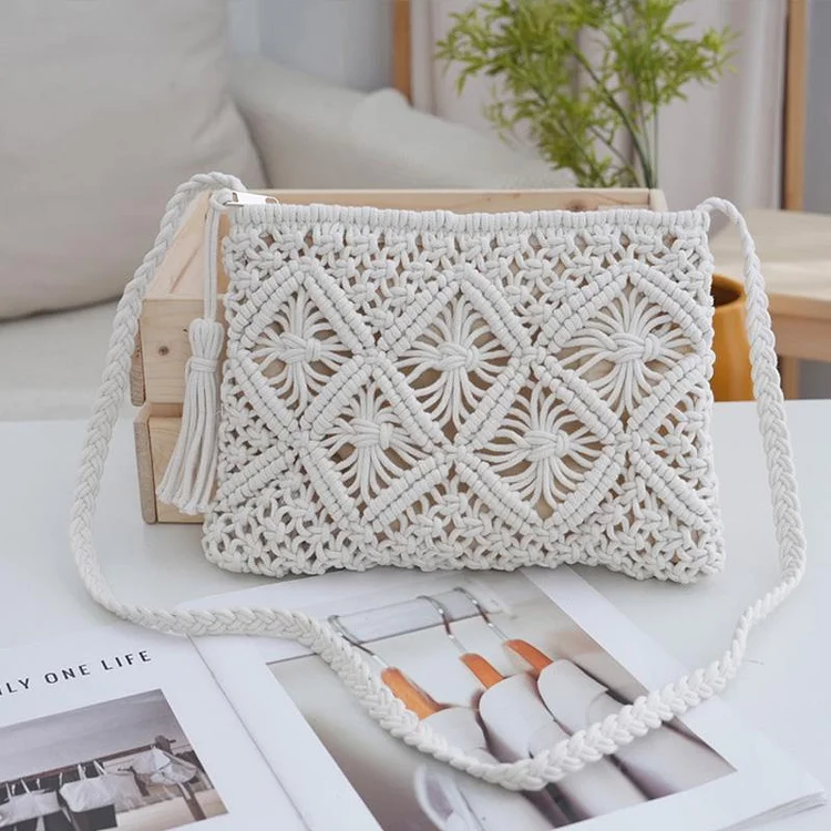 🏆Hot Sale⚡ 💥Minimalist Tassel Women's Clutch – Retro Cotton Rope Woven Bag, Summer Vacation Boho Beach Purse 