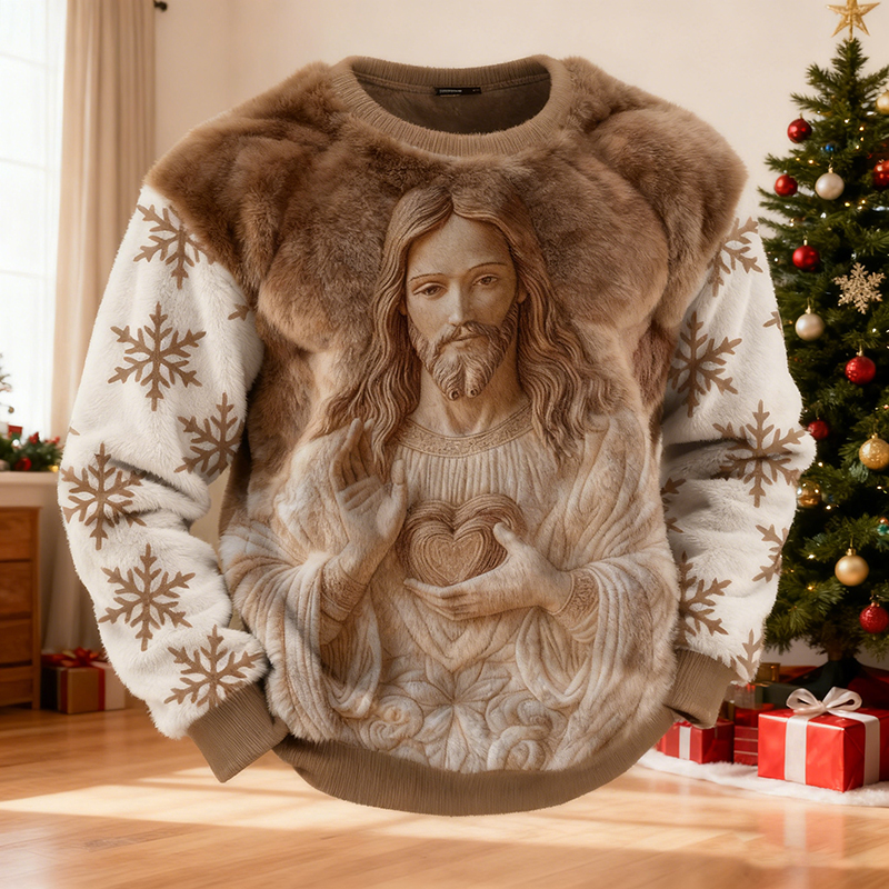 Men's Retro Jesus Snowflake Pattern Crew Neck Flannel Sweatshirt elevenforest