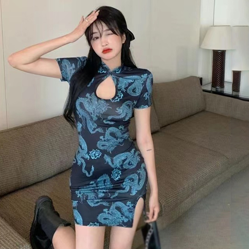 Chinese Style Women's Totem Printing Hollow Cheongsam Summer Slim Sexy Split Short Sleeve Cheongsam Dresses
