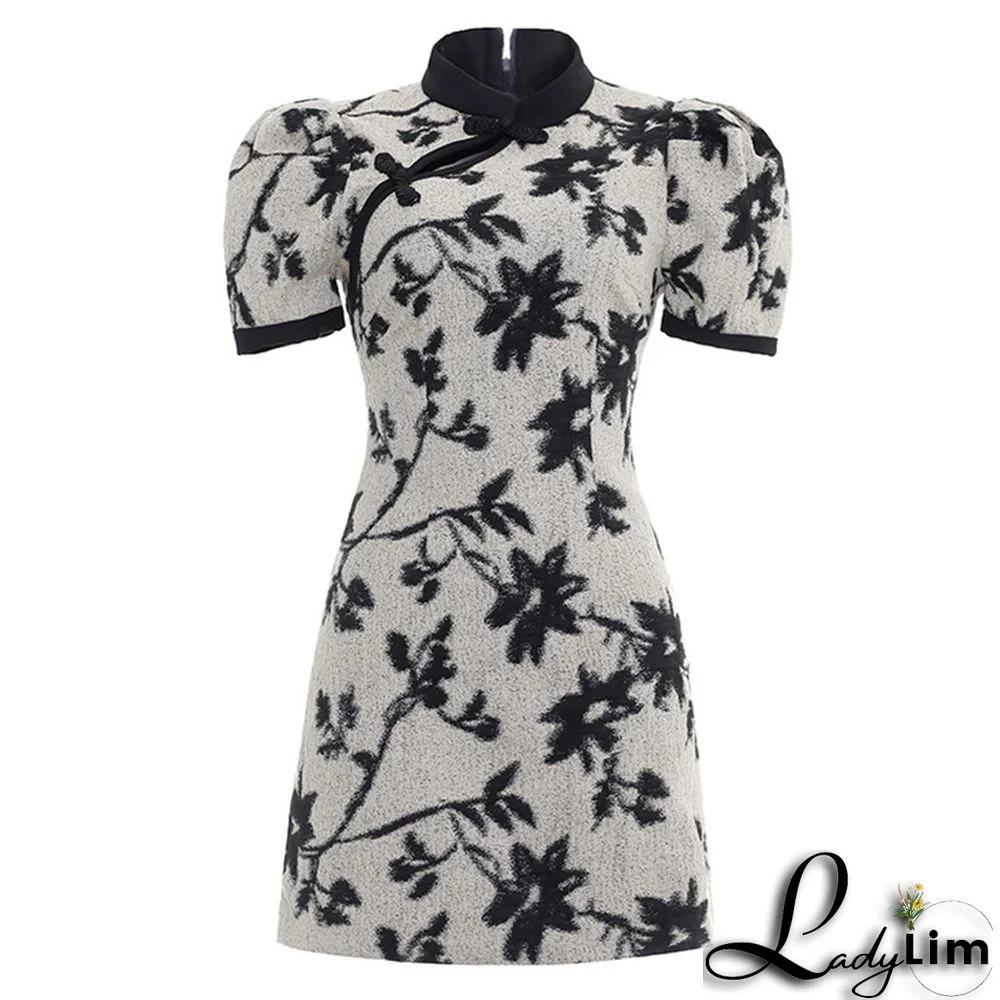 Vintage Buckle Floral Print A-line Cheongsam Dress