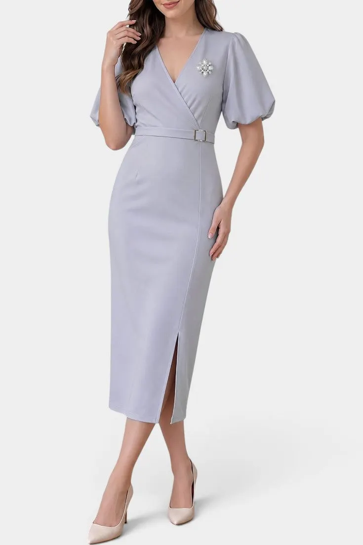 V-Neck Wrap Midi Dress with Balloon Sleeves