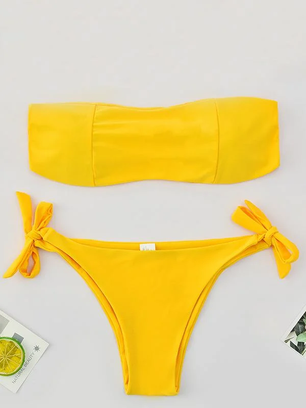 Solid Color Knotted Bandeau Split Bikini Swimsuit