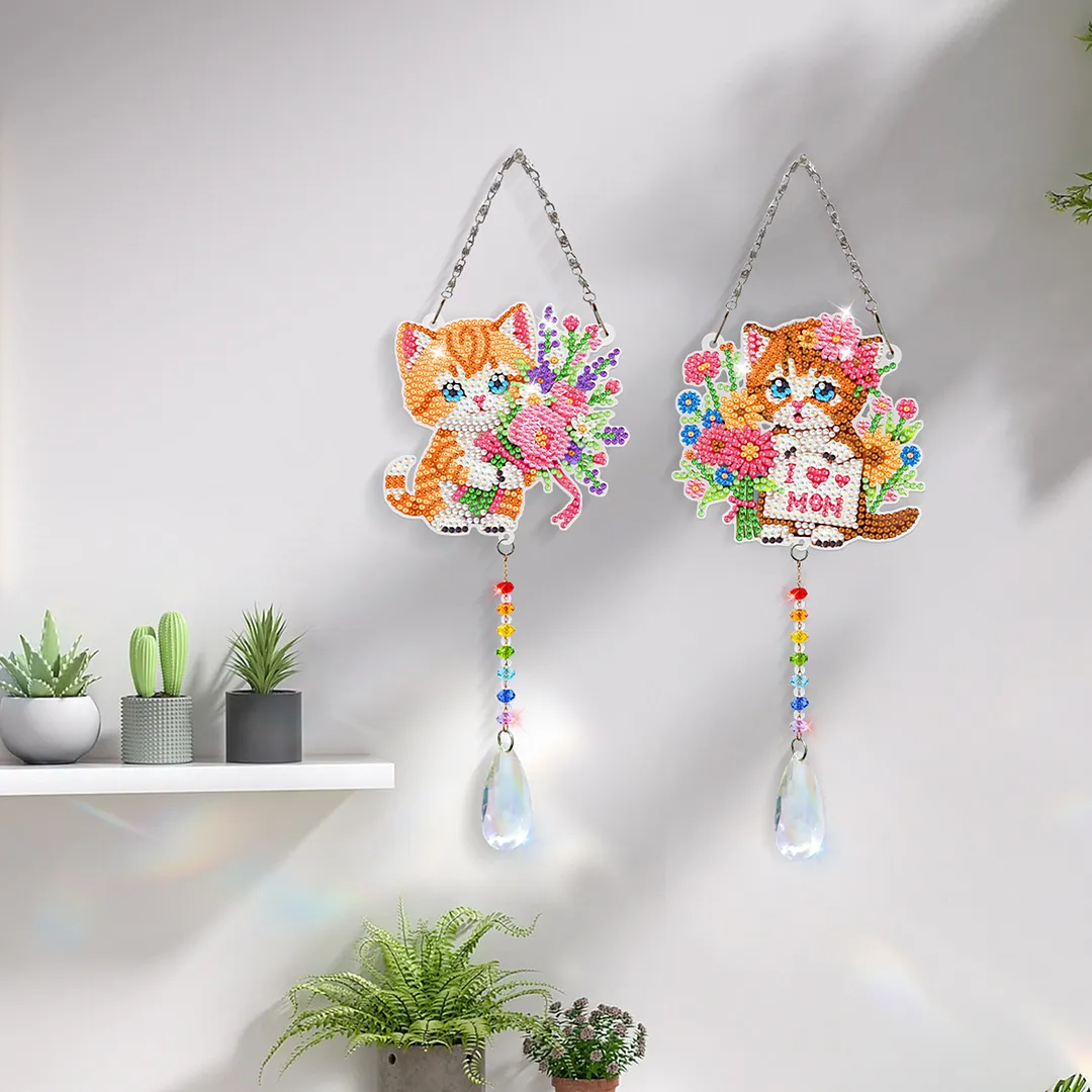 2Pcs Cat DIY Acrylic Diamond Painting Art Wind Chimes with Crystal Pendant Diamond Art Hanging Pendant Double-Sided for Adults Beginners Gift Home Garden Decor