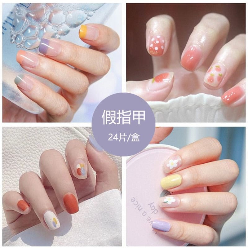 24pcs Hit Color False Nails 40 Styles Cute Summer Style Fake Nails Jelly Finger Nail Manicure Decoration Nail With Glue