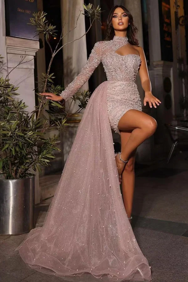 New Arrival High Neck Long Sleeves Short Prom Dress With Pearls Ruffle - lulusllly