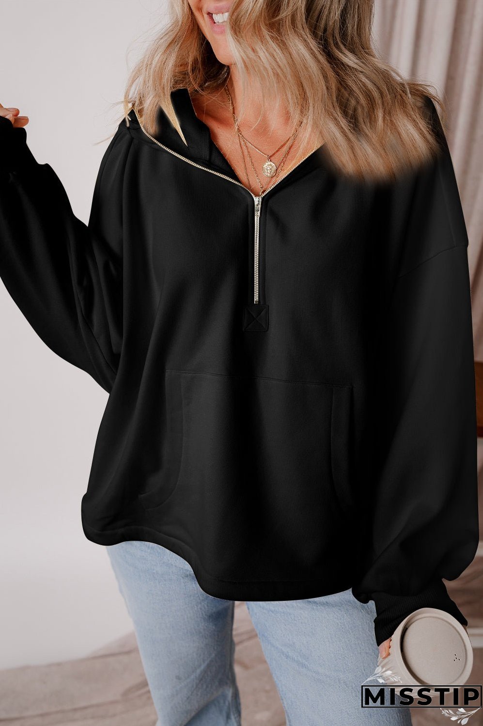 Pocketed Half Zip Dropped Shoulder Hoodie
