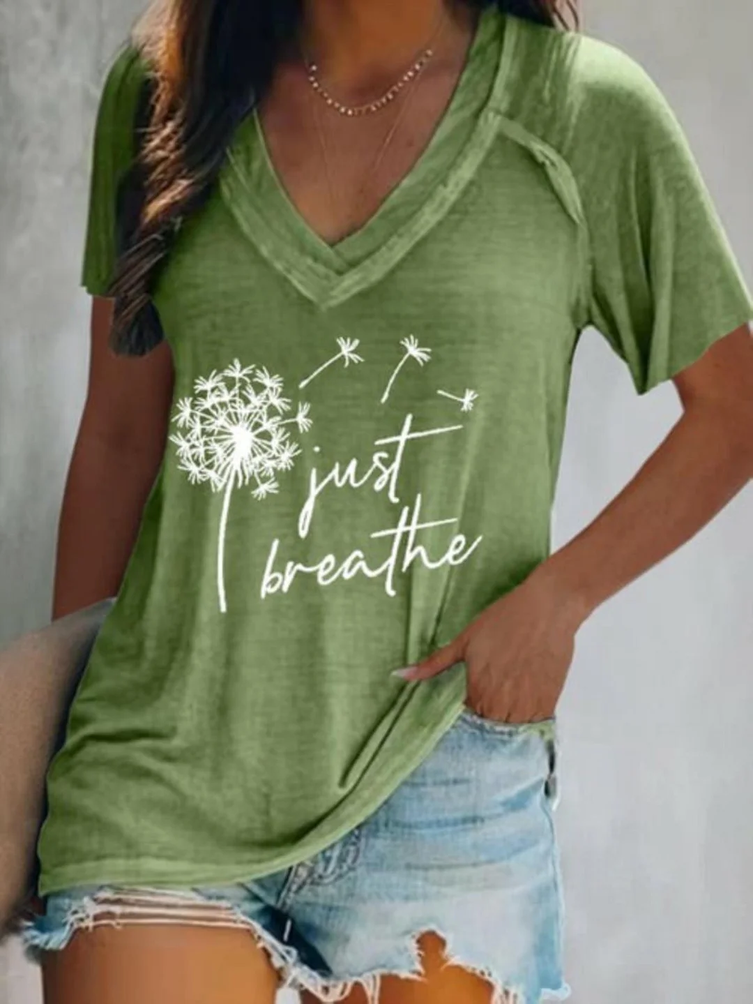 Just Breathe dandelion print V-neck T-shirt