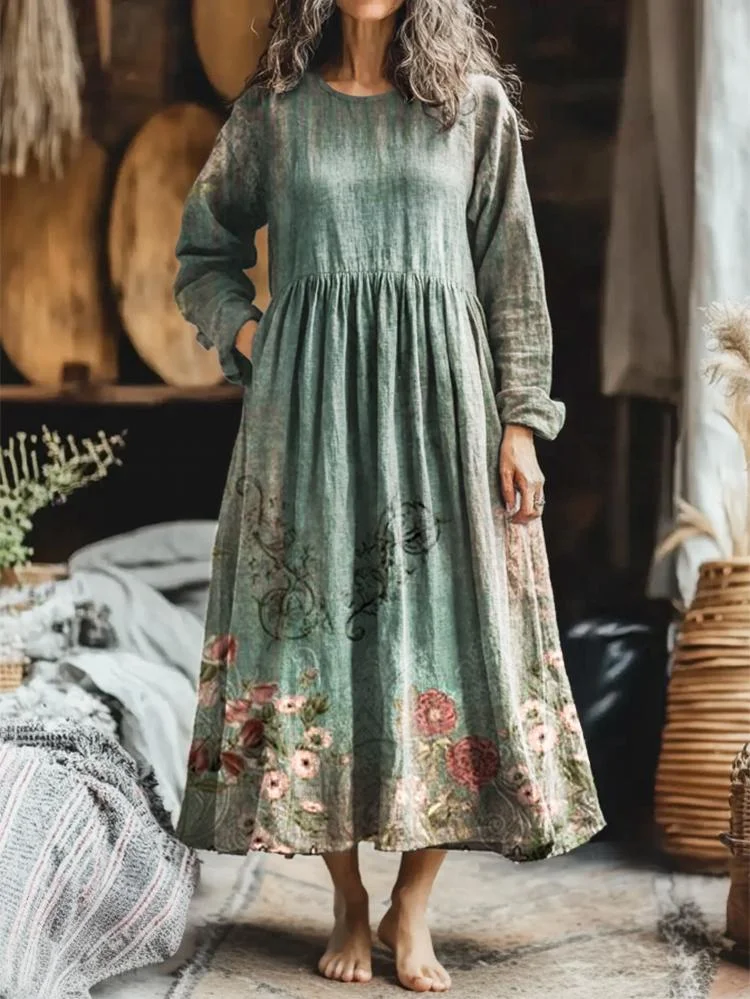 Women's Ethnic Vintage Floral Art Pattern Print Pocket Cotton Dress