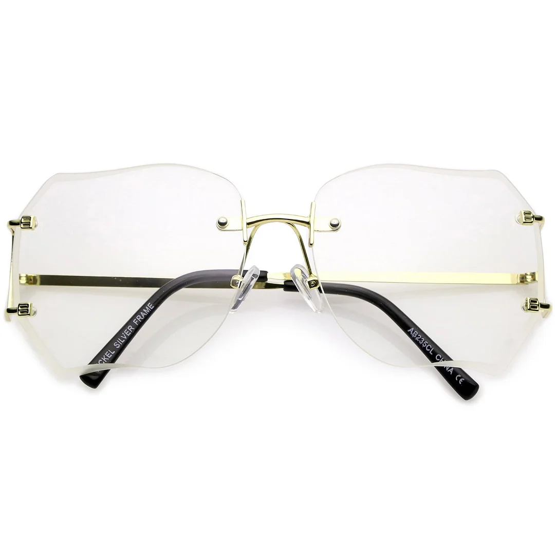 Oversize Rimless Square Glasses Slim Metal rams Beveled Clear Lens 61mm