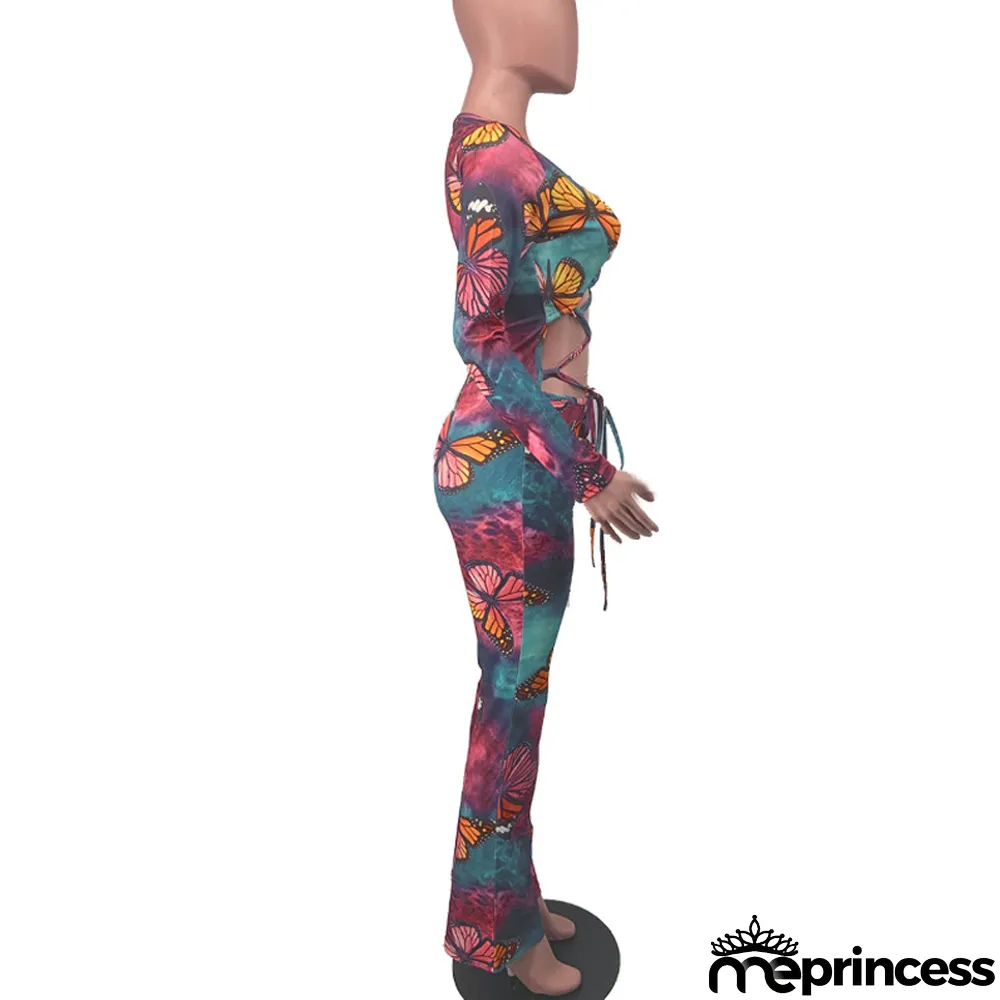 Women'S Sexy Lace-Up Butterfly Print Long Sleeve Jumpsuit